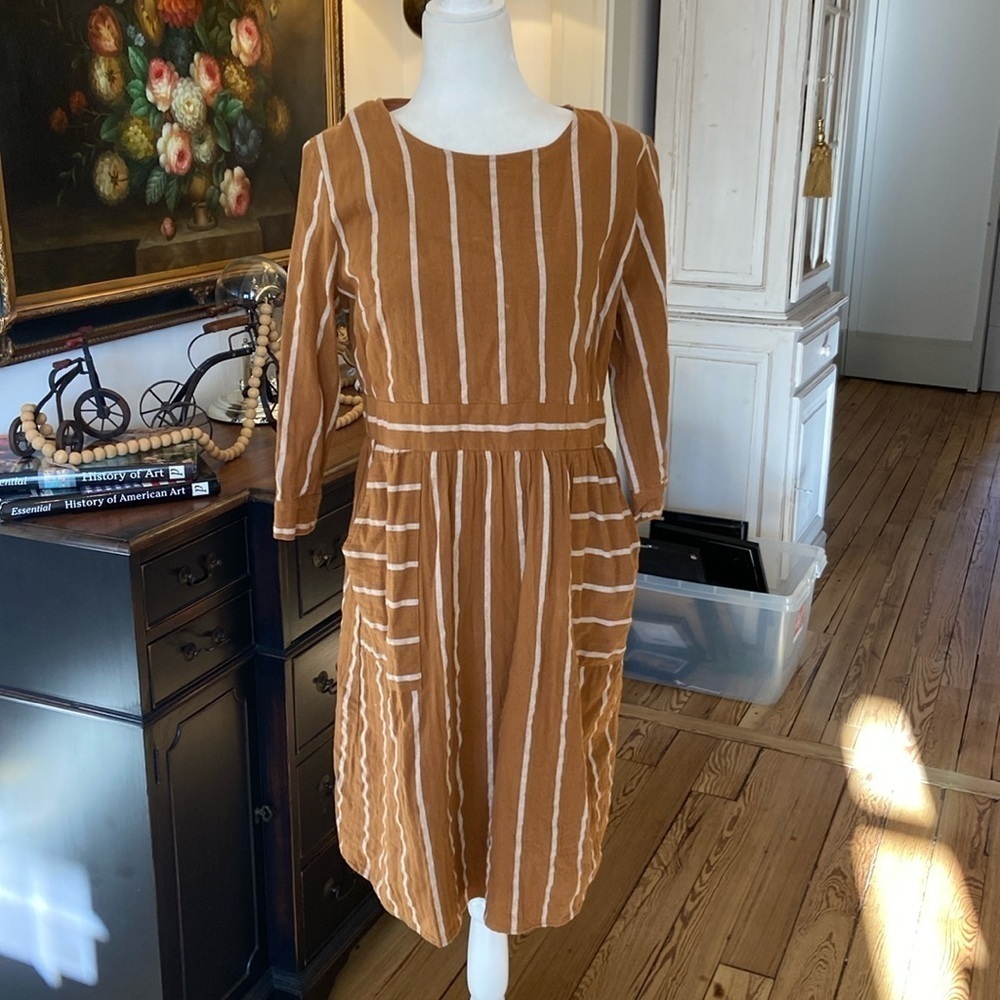 Orange Creek brown/white stripe cotton dress size L.